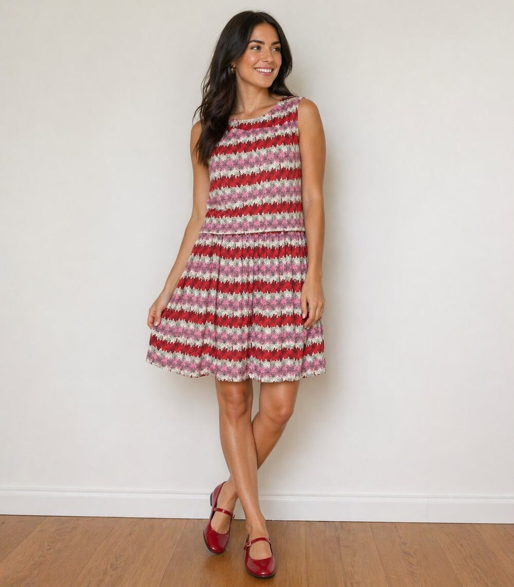 TOPSHOP Fit & Flair Retro Chevron Dress Sleeveless Pockets Coral Pink size 6